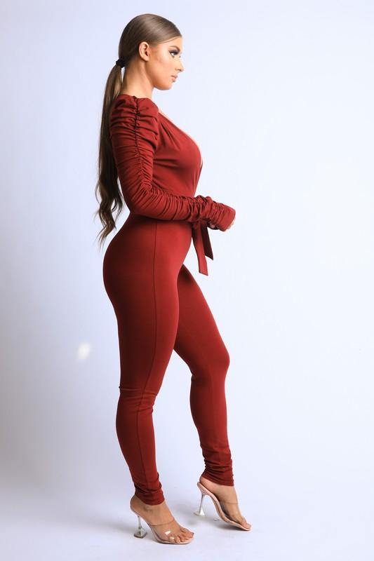 Simply Ruched Jumpsuit in Burgundy - BlazeNYC