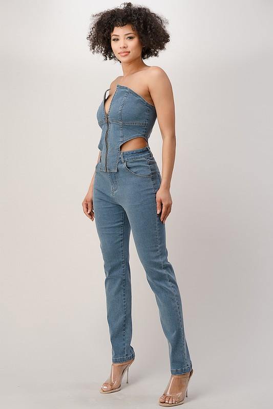 Strapless Denim Jumpsuit - BlazeNYC